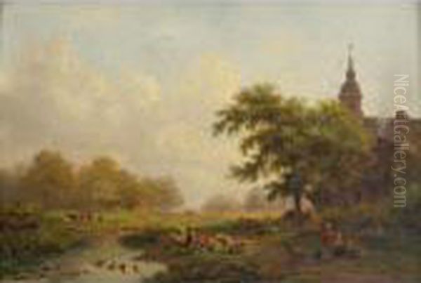 A River Landscape With Cows And Sheep Oil Painting by Frederik Marianus Kruseman