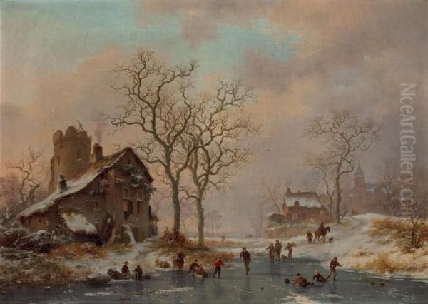 Skaters At Dusk Oil Painting by Frederik Marianus Kruseman