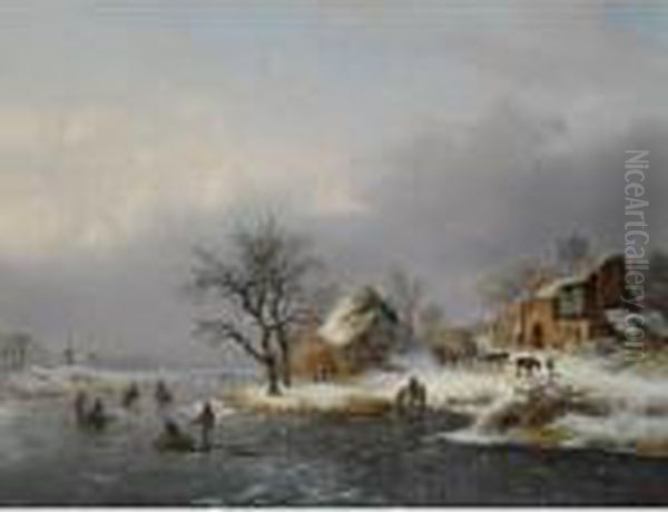 A Winter Landscape With Skaters, A Horse-drawn Cart On A Path Nearby Oil Painting by Frederik Marianus Kruseman