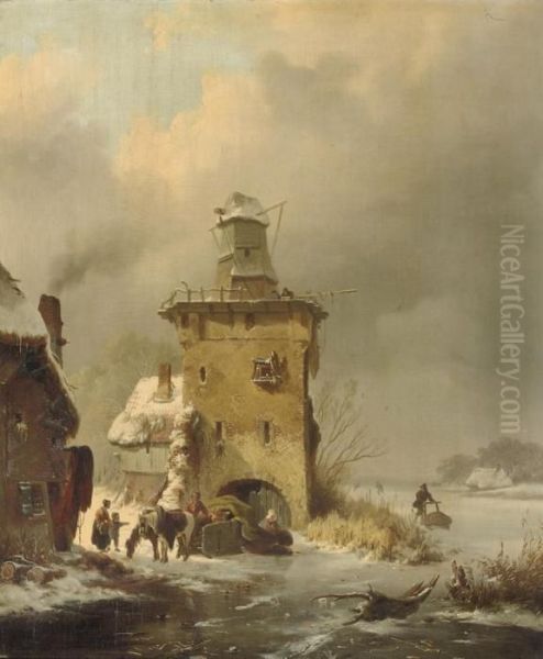 A Winter Landscape With People On A Frozen Waterway Near A Ruinous Mill Oil Painting by Frederik Marianus Kruseman