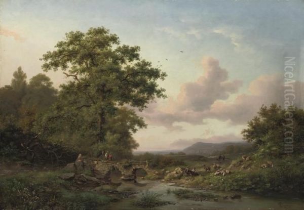 Figures By A Stream On A Summer's Day Oil Painting by Frederik Marianus Kruseman