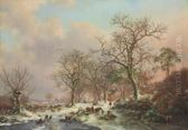 Wood Gatherers In A Winter Landscape, With A Castle Beyond Oil Painting by Frederik Marianus Kruseman