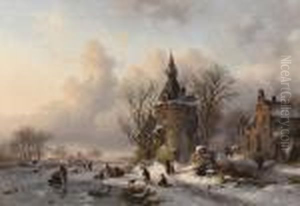 A Winter Landscape With Skaters Near A Castle Oil Painting by Frederik Marianus Kruseman