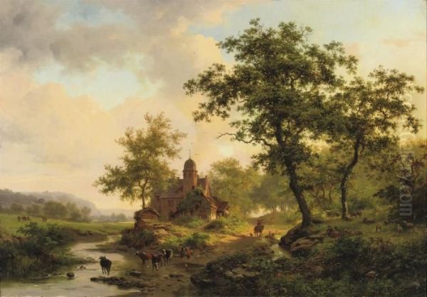 Cattle Drinking From A Stream In A Summer Landscape Oil Painting by Frederik Marianus Kruseman