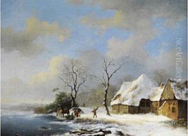 Winterlandschaft Mit 
Verschneiten Hausern Am Seeufer Mit Figurenstaffage, Pferden Und Einem 
Reisigsammler Oil Painting by Frederik Marianus Kruseman