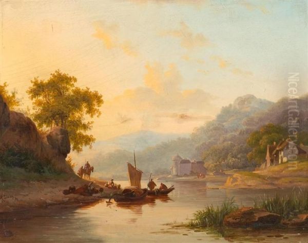 River Landscape Oil Painting by Frederik Marianus Kruseman