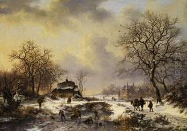 Eisvergnugen In Einer Winterlandschaft Oil Painting by Frederik Marianus Kruseman