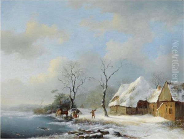 Woodgatherers In A Snowy Landscape Oil Painting by Frederik Marianus Kruseman