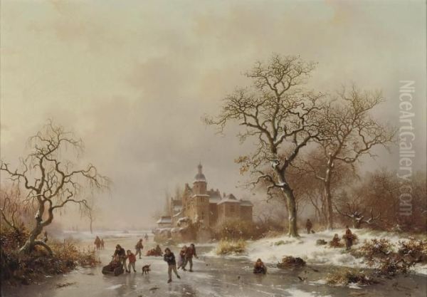 An Afternoon On The Ice Near A Castle Oil Painting by Frederik Marianus Kruseman