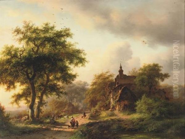 Figures On A Sunlit Path Near A Mansion Oil Painting by Frederik Marianus Kruseman