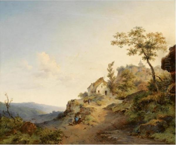 Travellers In A Mountainous Landscape Oil Painting by Frederik Marianus Kruseman