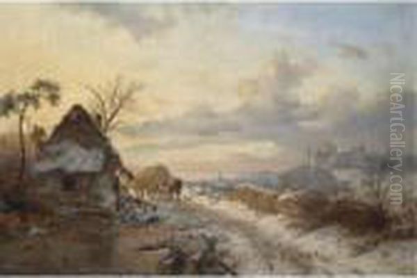 A Winter's Day Oil Painting by Frederik Marianus Kruseman