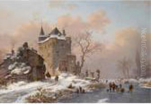 Skaters Near A Castle On A Wintry Day Oil Painting by Frederik Marianus Kruseman