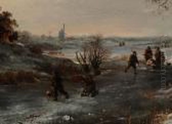 Eisvergnugen In Einer Hollandischen Landschaft Oil Painting by Frederik Marianus Kruseman