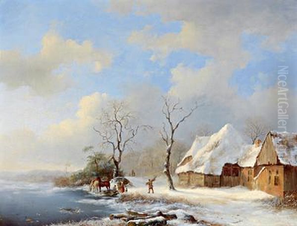 Paesaggio Invernale Con Viandanti Al Riposo Sul Fiume Oil Painting by Frederik Marianus Kruseman