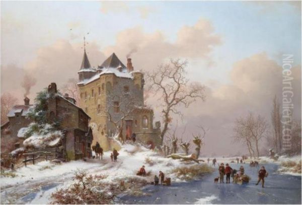 Winter Scene Near Delft Oil Painting by Frederik Marianus Kruseman