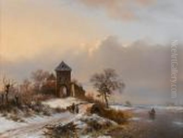 Winter Landscape With The Entrance Gate Of The Brewery At Vilvoorde Oil Painting by Frederik Marianus Kruseman