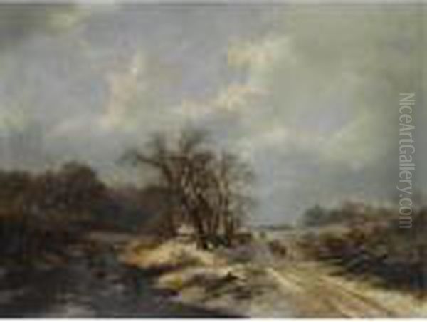 Figures On A Country Road Beside A Frozen River In A Winter Landscape Oil Painting by Frederik Marianus Kruseman