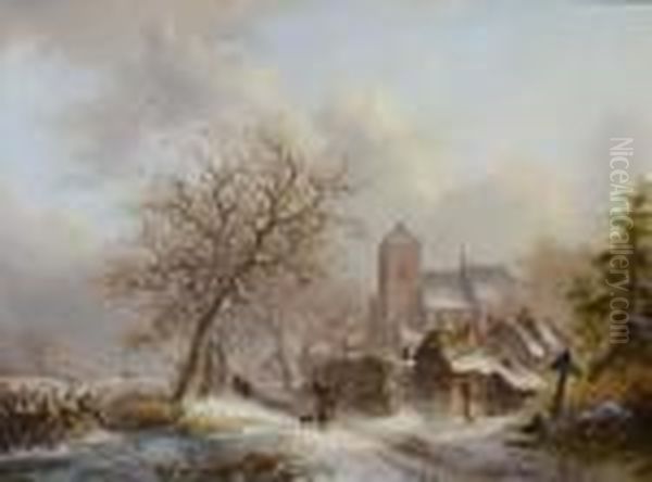 Winterlandschaft Mit Figuren. 1856. Oil Painting by Frederik Marianus Kruseman