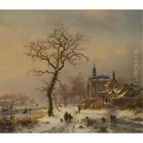 Winter Scene With Children Playing On The Ice Oil Painting by Frederik Marianus Kruseman