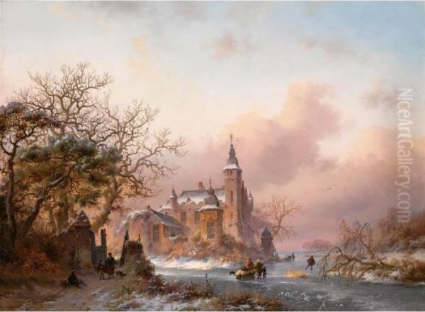 Figures On A Frozen Waterway, A Snow Covered Castle In The Background Oil Painting by Frederik Marianus Kruseman