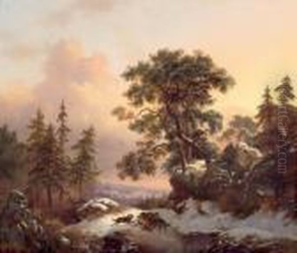 Winter Landscape With Wolves. Oil Painting by Frederik Marianus Kruseman