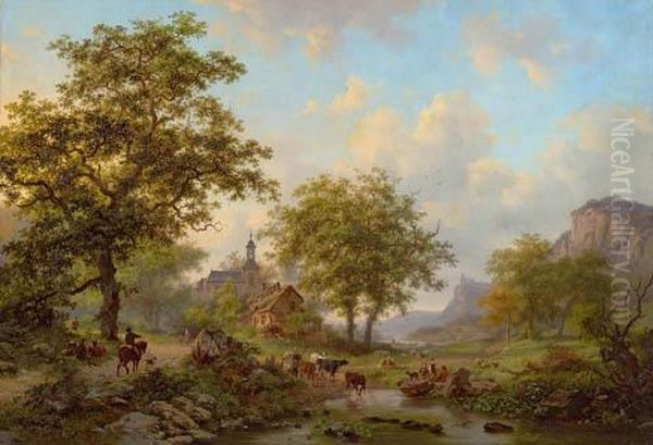 Summer Landscape With Cattle Before A Village With Church. Oil Painting by Frederik Marianus Kruseman