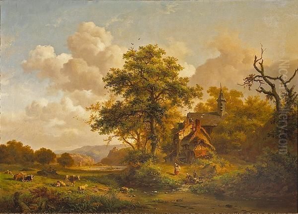 A Tranquil Landscape With Women Washing By A Stream And Cattle And Sheep Resting Oil Painting by Frederik Marianus Kruseman