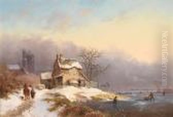 Villagers By A Frozen River Oil Painting by Frederik Marianus Kruseman