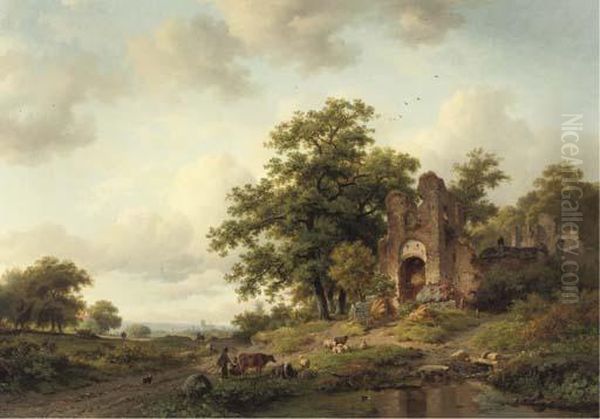 A Summer Landscape With The Ruins Of Brederode Castle Near Haarlem Oil Painting by Frederik Marianus Kruseman