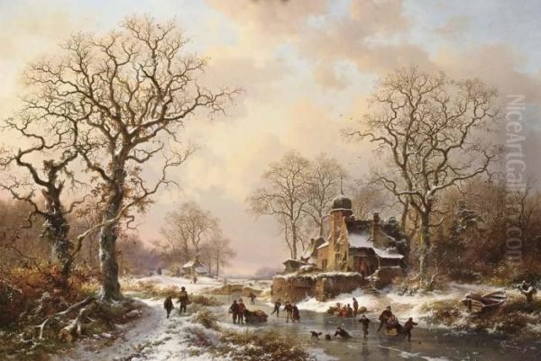 Winter Landscape With Skating Figures Near A Castle Oil Painting by Frederik Marianus Kruseman