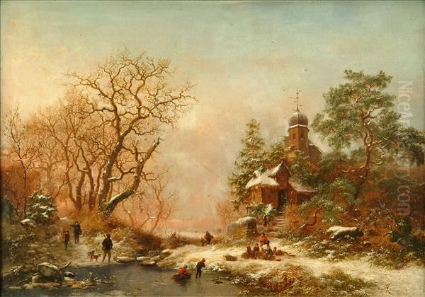 Winterlandscape With Figures Beside A River Oil Painting by Frederik Marianus Kruseman