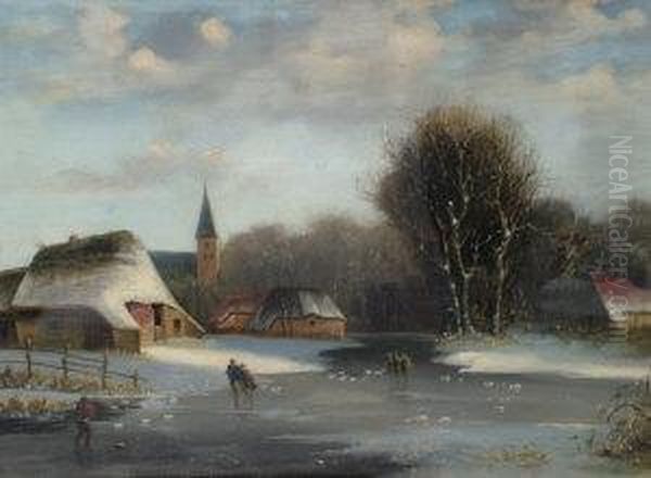 Manner Of Frederik Marianus 
Kruseman- Figures On A Frozen River With A Church And Cottages In A 
Dutch Winter Landscape Oil Painting by Frederik Marianus Kruseman