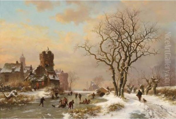 A Winter Landcape With Ice Amusements Near A City Oil Painting by Frederik Marianus Kruseman