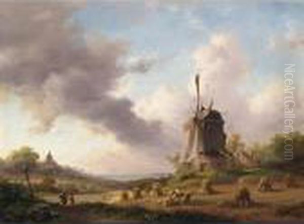 A Summer Landscape With Harvesting Farmers Near The Windmill Of Evere ( Oil Painting by Frederik Marianus Kruseman