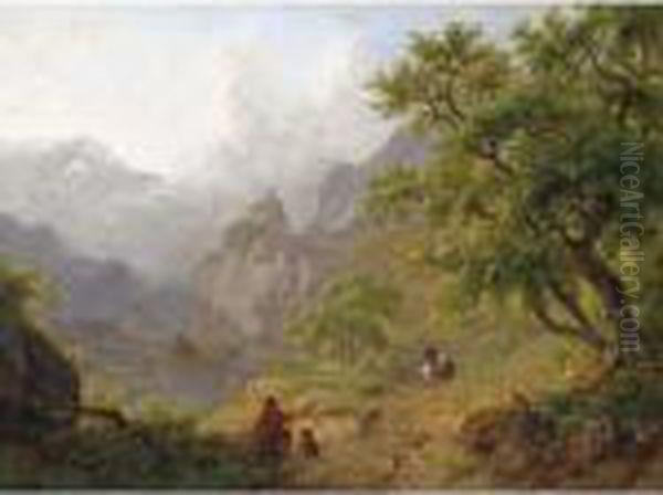 Travellers Resting On A Path In A Mountainous Landscape Oil Painting by Frederik Marianus Kruseman