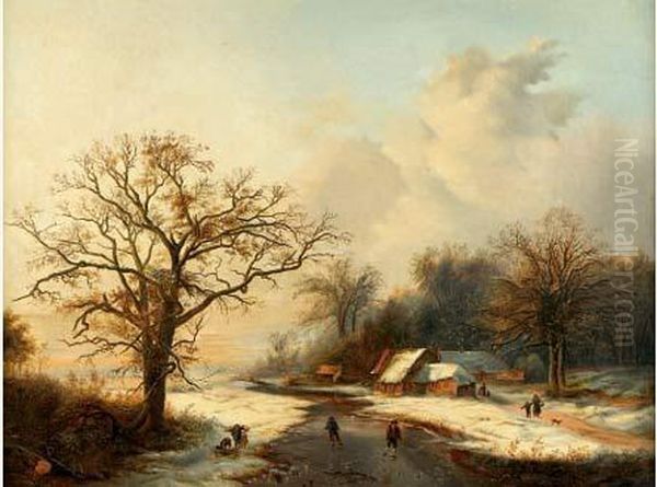 Paysage D'hiver Aux Patineurs Oil Painting by Frederik Marianus Kruseman