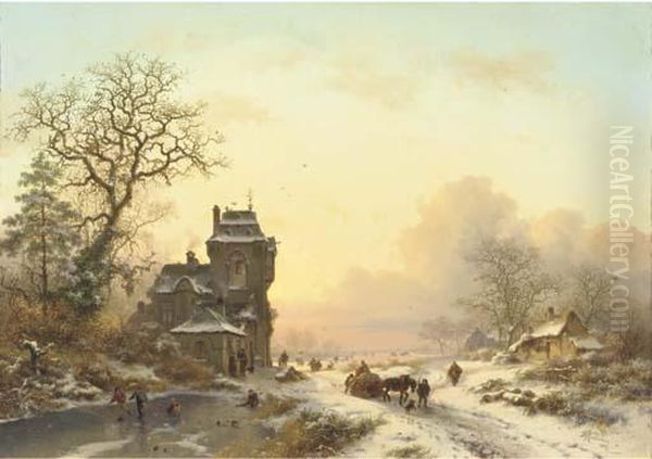 On The Ice By A Mansion At Sunset Oil Painting by Frederik Marianus Kruseman