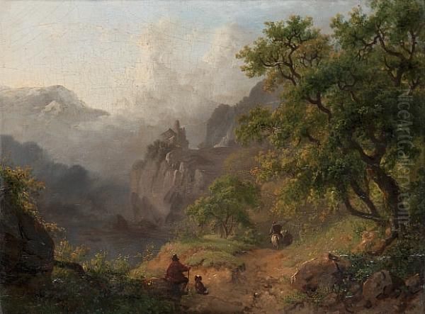 A Summer Landscape With A Traveller In The Foreground Oil Painting by Frederik Marianus Kruseman