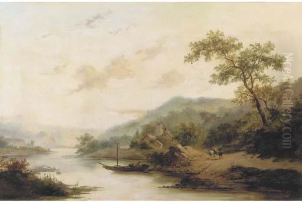 Ferry Crossing In A Hilly Landscape Oil Painting by Frederik Marianus Kruseman