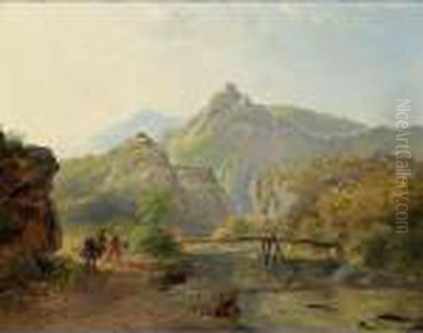 Travellers By A River In A Mountainous Landscape Oil Painting by Frederik Marianus Kruseman