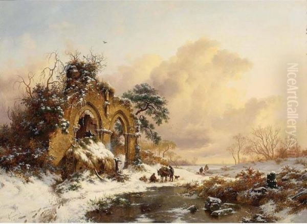 A Snowy Landscape With Figures By A Gothic Ruin Oil Painting by Frederik Marianus Kruseman