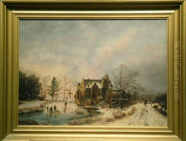 Figures On A Frozen Pond 
 Oil On Canvas Oil Painting by Frederik Marianus Kruseman