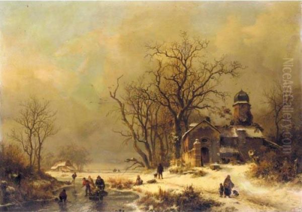 Figures In A Winter Landscape Oil Painting by Frederik Marianus Kruseman