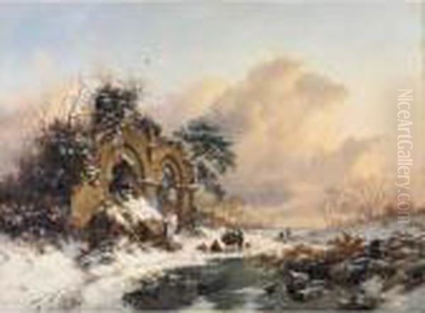 Winter Landscape With Figures In Brederode, Near Haarlem Oil Painting by Frederik Marianus Kruseman