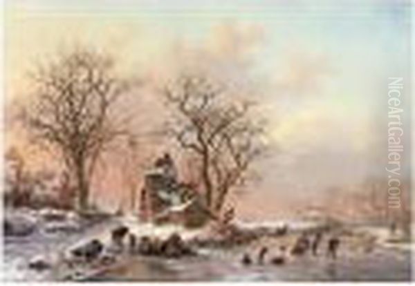 A Winter Landscape With Skaters Near A Hamlet Oil Painting by Frederik Marianus Kruseman