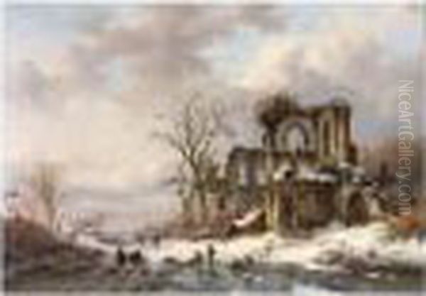 A Winter Landscape With Figures By A Gothic Ruin Oil Painting by Frederik Marianus Kruseman