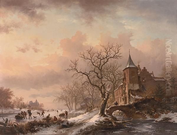 Castle In A Winter Landscape And Skaters On A Frozen River Oil Painting by Frederik Marianus Kruseman