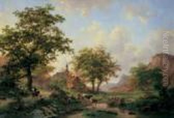 Weite Flusslandschaft Mit Hirtenstaffage. Oil Painting by Frederik Marianus Kruseman