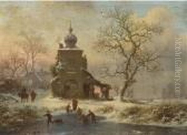 Winterfun At Sunset By A Mansion Oil Painting by Frederik Marianus Kruseman